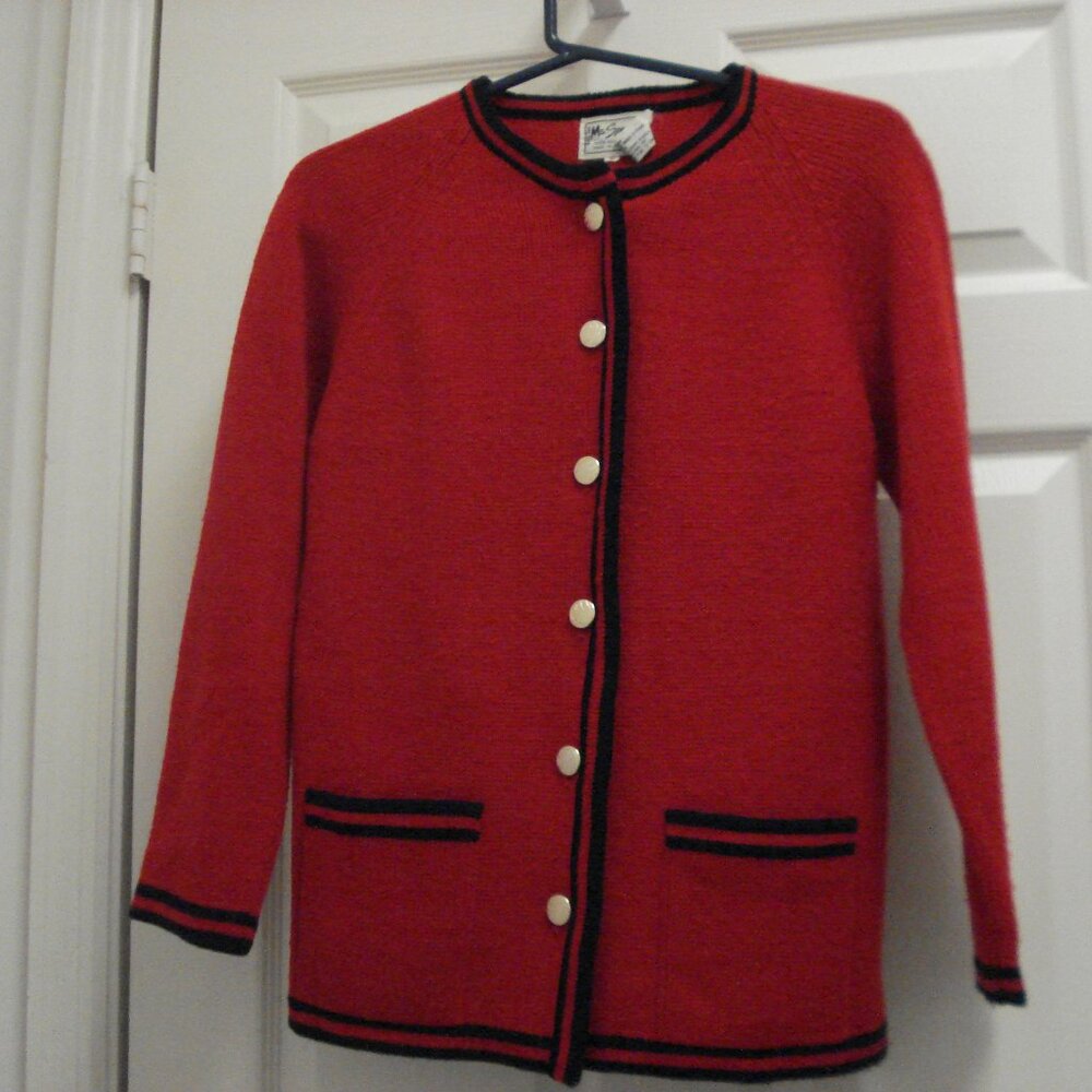 Vintage Ms Sport Cardigan Sweater Red Blue Patch Pockets Long Sleeve Size Small